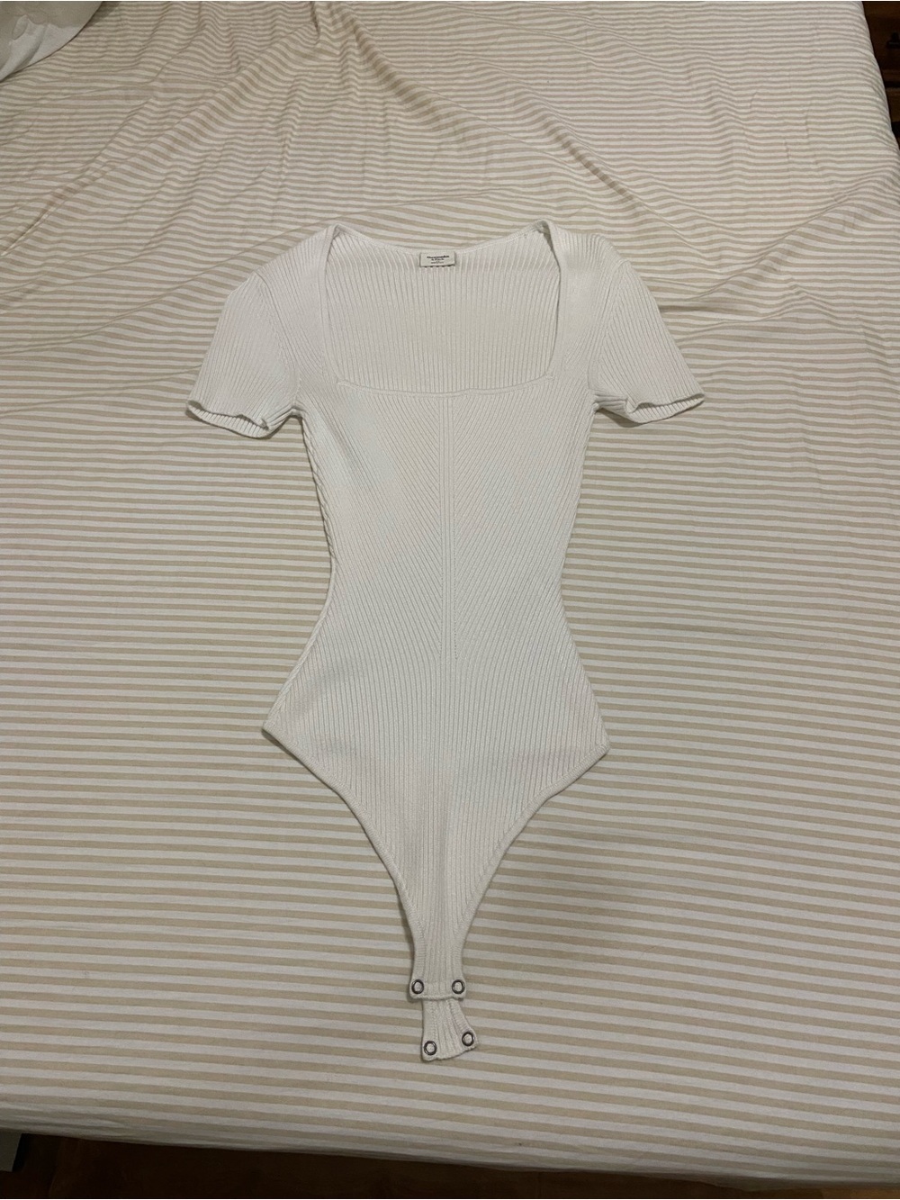 Abercrombie & Fitch Square-Neck Ribbed Thong Bodysuit White Short Sleeve Size XS